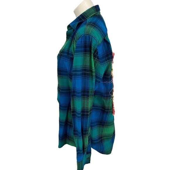 Upcycled Flannel Shirt Womens Medium Shacket Jeep Green Plaid Mechanic Off Road - Picture 8 of 16